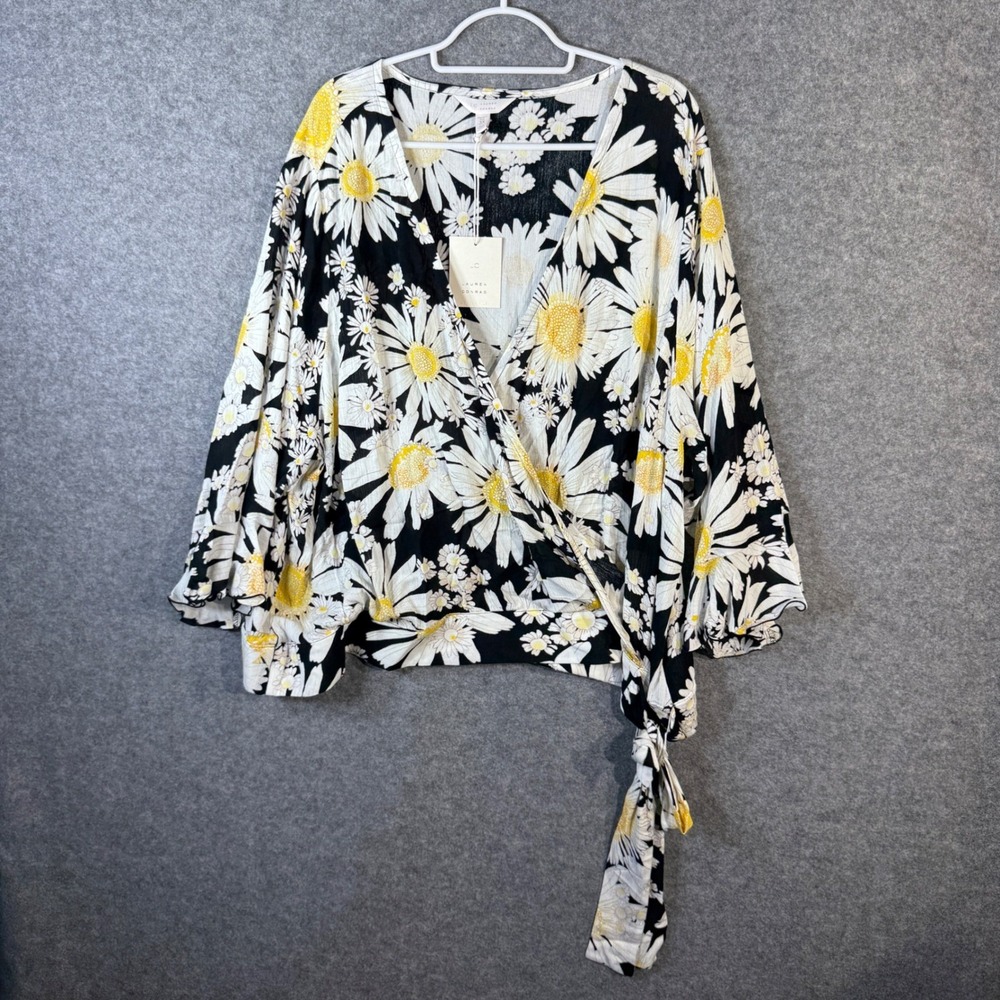 Lauren Conrad Wrap Blouse Black White Yellow Daisy‎ Floral Women's Plus 3X